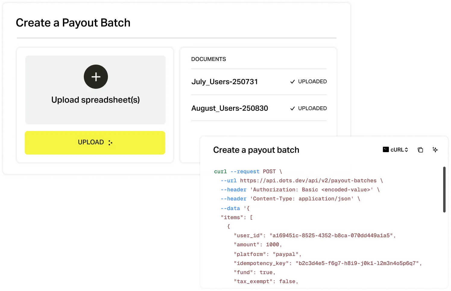 Batch payouts screen on the Dots dashboard with CSV upload for bulk global payouts