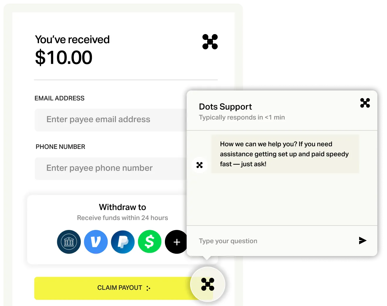 Customer support and payee experience interface with Dots' self-serve portal for recipients to track payout status and directly contact Dots Support