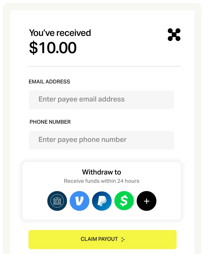 Branded payout link flow where recipient chooses payout method and claims the payout